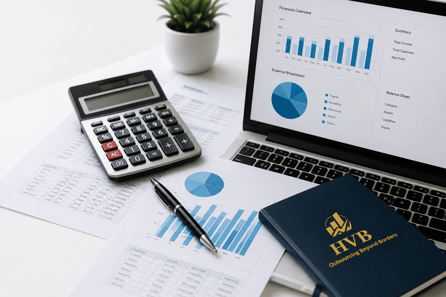 Professional finance workspace with accounting reports and analytics dashboard